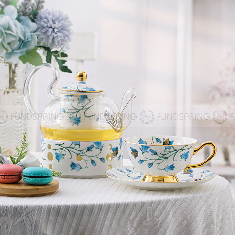 Elegant Bone China Tea Set with Glass Teapot, Infuser, Warmer, Coffee Cups, and Saucer - 10 Pieces Elegant Bone China Tea Set with Glass Teapot, Infuser, Warmer, Coffee Cups, and Saucer - 10 Pieces