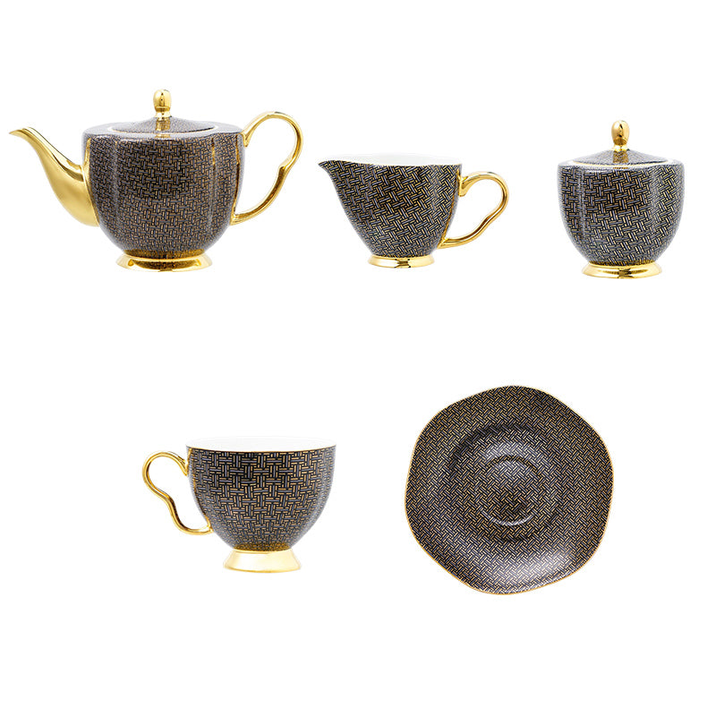 Gold Gilded Bone China Tea Set with Black Gold Infinite Grid Coffee Set Tea Set with Pot 15 Pcs Gold Gilded Bone China Tea Set with Black Gold Infinite Grid Coffee Set Tea Set with Pot 15 Pcs