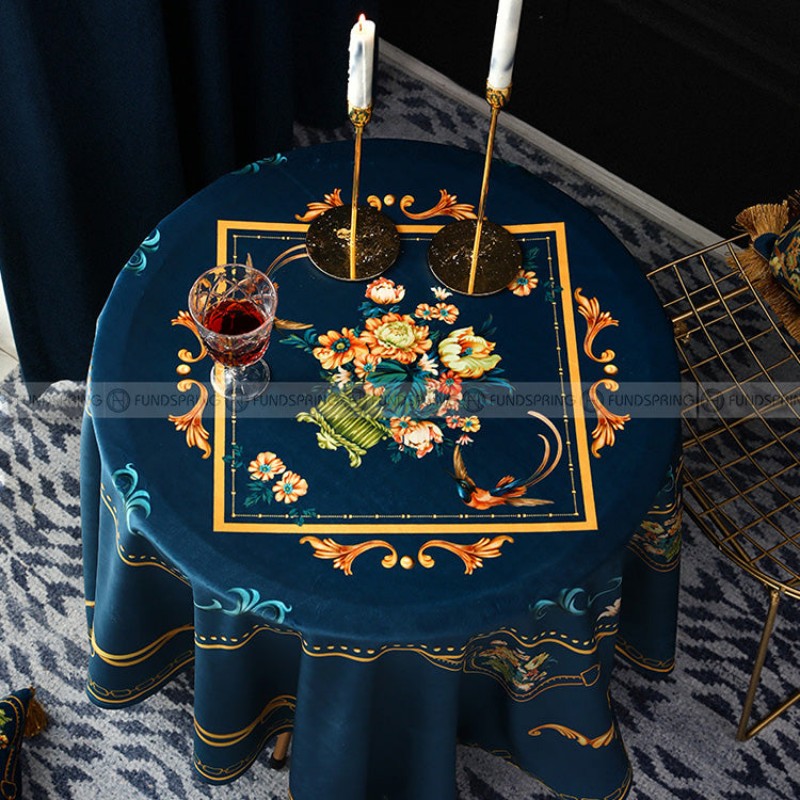 Rococo Tablecloth Blue Table Cover Retro Style Velvet Table Cloth Rococo Tablecloth Blue Table Cover Retro Style Velvet Table Cloth