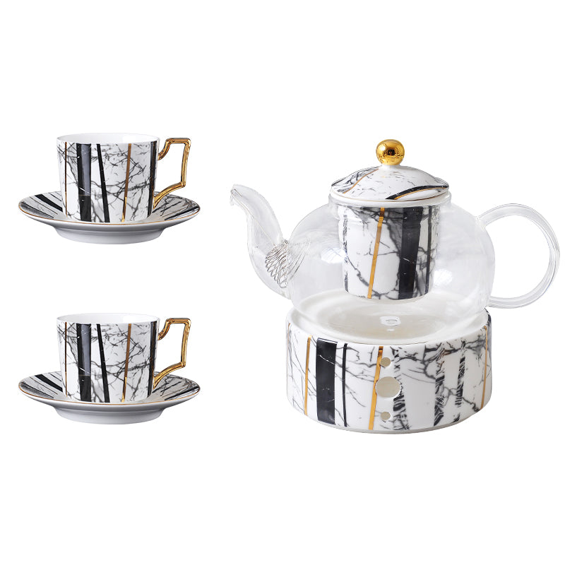 Bone China Tea Set with Infuser and Warmer, Marble Pattern, Glass Teapot and Tea Cups with Saucers - Set of 10 Bone China Tea Set with Infuser and Warmer, Marble Pattern, Glass Teapot and Tea Cups with Saucers - Set of 10