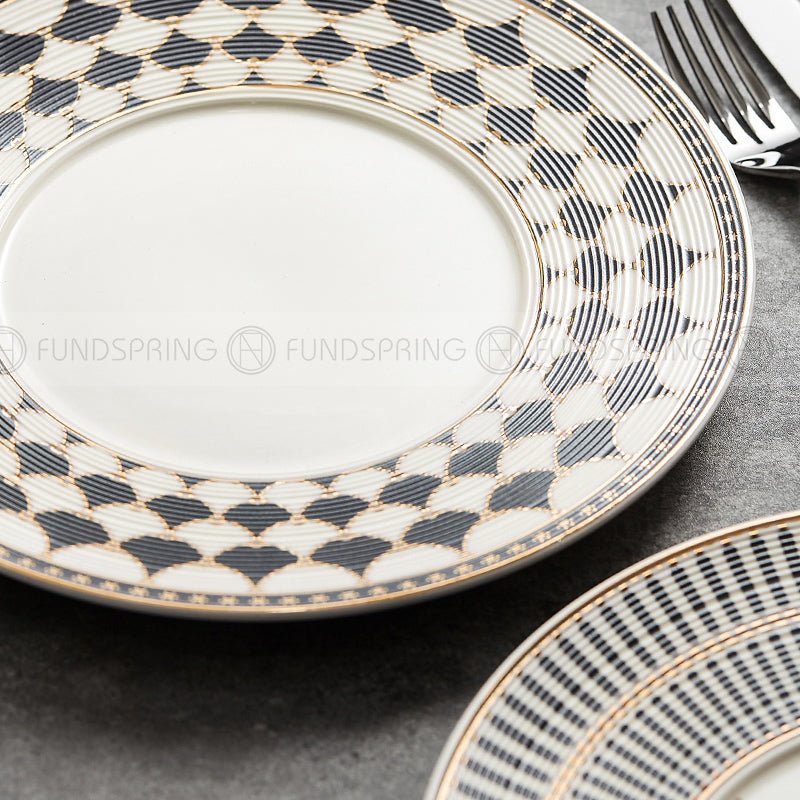 Nordic White-grey-gold Dinner Plate Weiss Series Ceramic Electroplating Shallow Plate Nordic White-grey-gold Dinner Plate Weiss Series Ceramic Electroplating Shallow Plate
