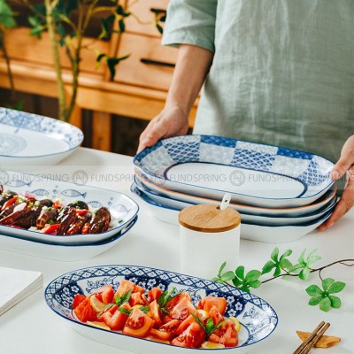 Japanese Blue and White Under-glazed Ceramic Oval Platter 12" Set of 2