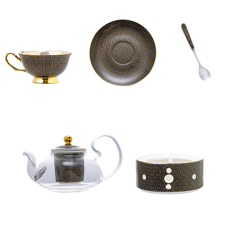 Bone China Tea Set with Infuser and Warmer Black Gold Infinite Grid Flower Coffee Set - 14 Pcs Bone China Tea Set with Infuser and Warmer Black Gold Infinite Grid Flower Coffee Set - 14 Pcs