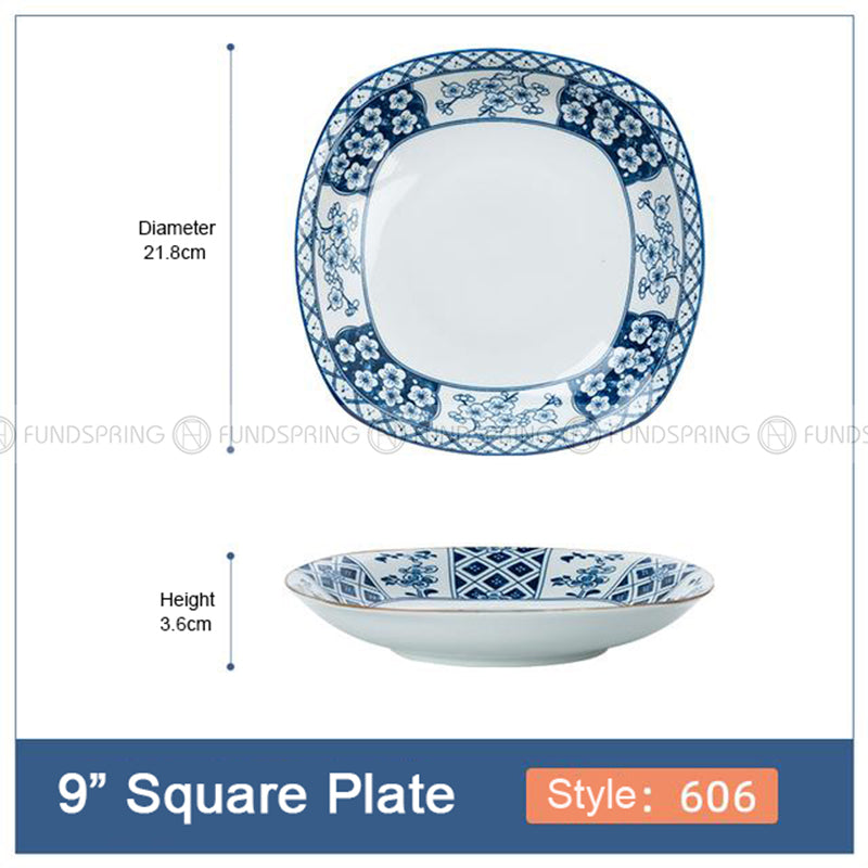 Japanese Blue and White Ceramic Square Dinner Plates 9" Set of 4 Japanese Blue and White Ceramic Square Dinner Plates 9" Set of 4