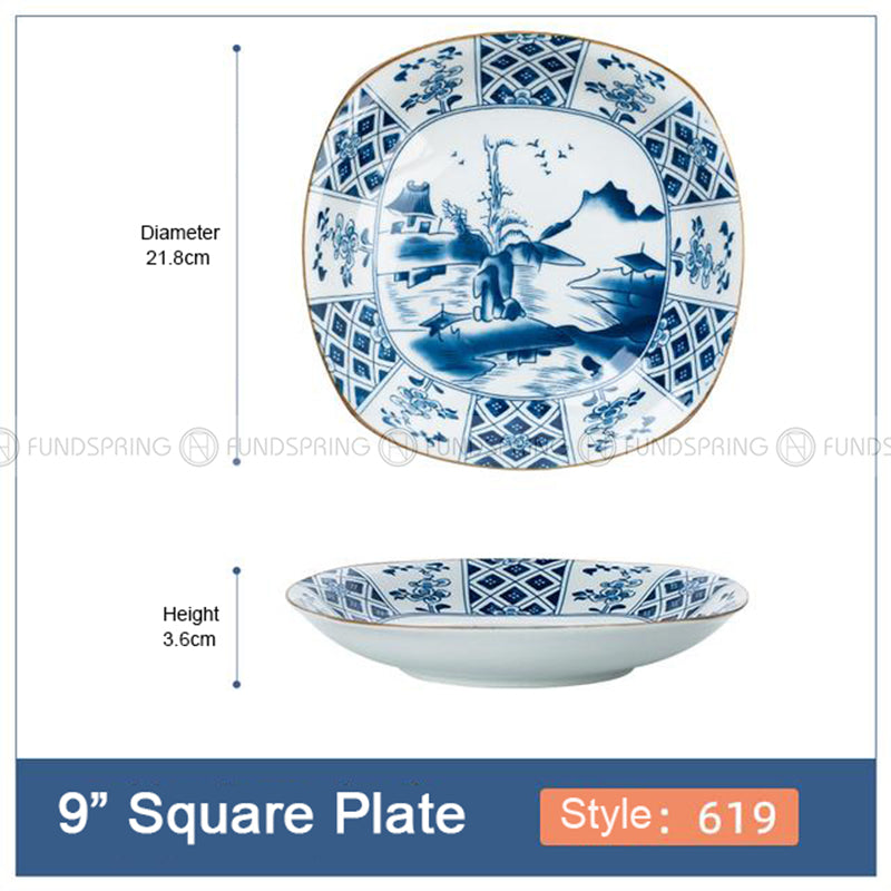 Japanese Blue and White Ceramic Square Dinner Plates 9" Set of 4 Japanese Blue and White Ceramic Square Dinner Plates 9" Set of 4
