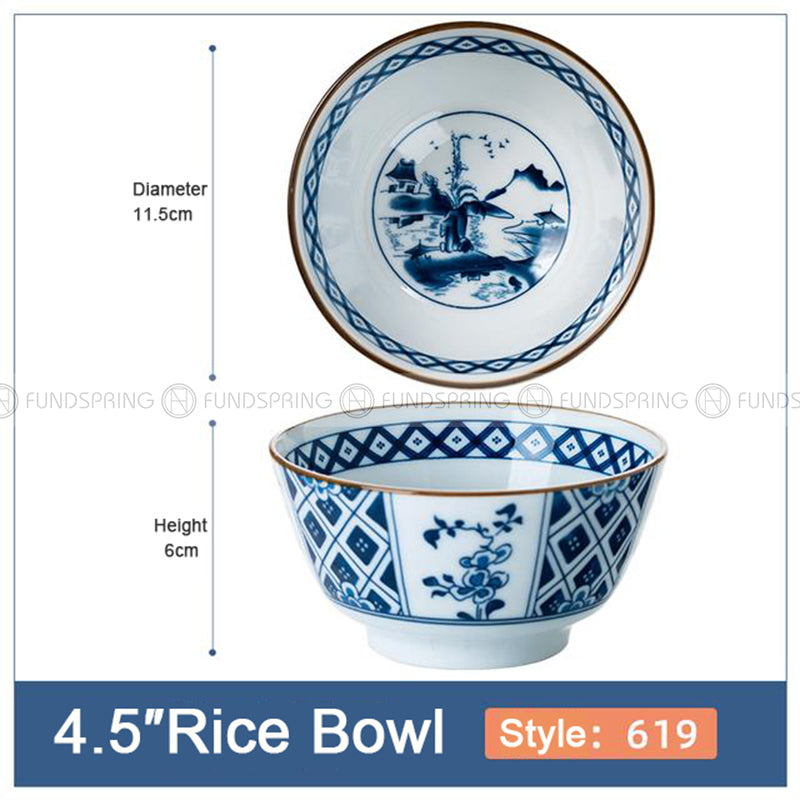 Blue and White Under Glazed Ceramic Bowl Japan Style 4.5" Set of 4 Blue and White Under Glazed Ceramic Bowl Japan Style 4.5" Set of 4