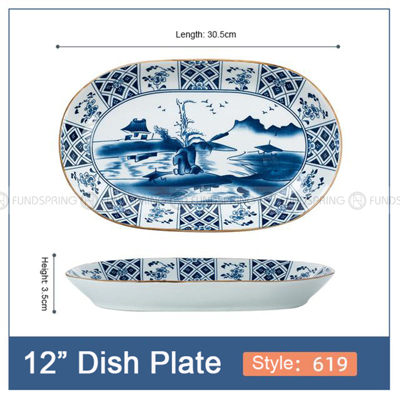 Japanese Blue and White Under-glazed Ceramic Oval Platter 12" Set of 2 Japanese Blue and White Under-glazed Ceramic Oval Platter 12" Set of 2