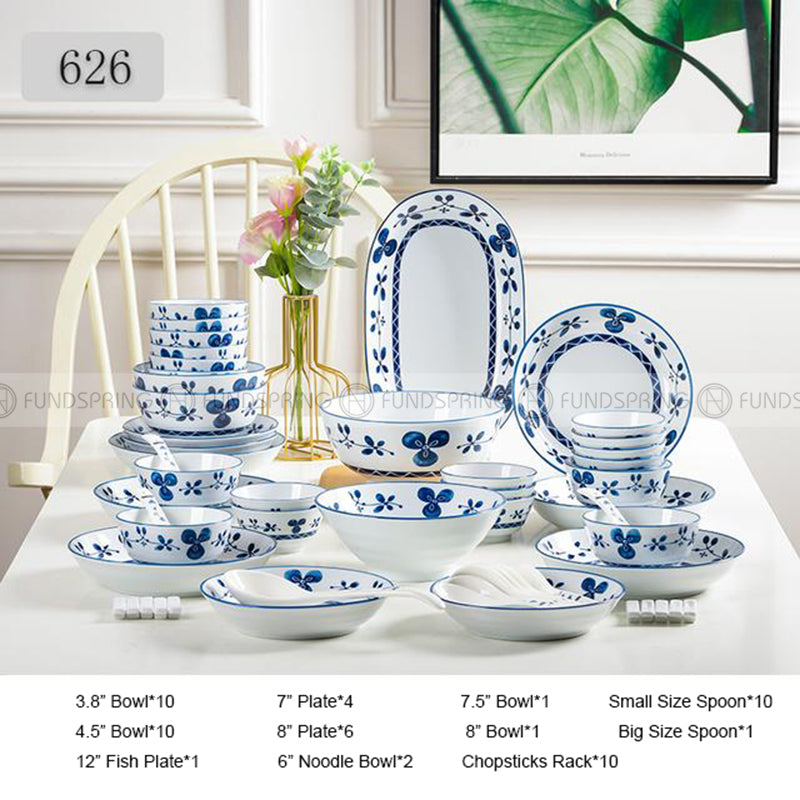 Japanese Ceramic Dinner Set Blue and White Dinnerware Set 46-Piece Japanese Ceramic Dinner Set Blue and White Dinnerware Set 46-Piece