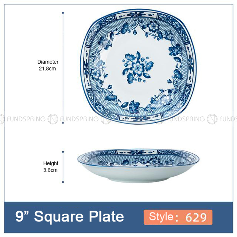 Japanese Blue and White Ceramic Square Dinner Plates 9" Set of 4 Japanese Blue and White Ceramic Square Dinner Plates 9" Set of 4