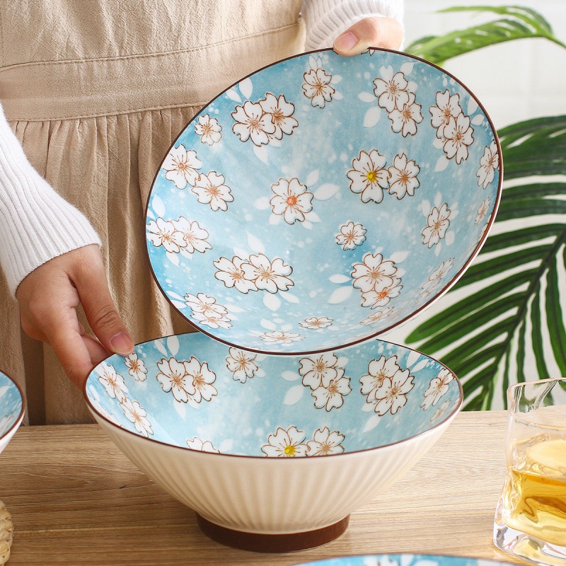 Winter Blossom Harmony: Set of 4 Ceramic Underglaze Bowls, 8 Inches, Snow Sakura Vertical Pattern Winter Blossom Harmony: Set of 4 Ceramic Underglaze Bowls, 8 Inches, Snow Sakura Vertical Pattern