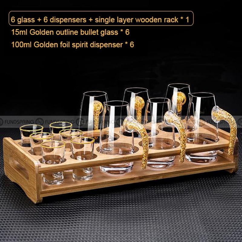 Golden Elegance: Baijiu Glass Spirit Cups Ensemble with Dispenser and Rack Golden Elegance: Baijiu Glass Spirit Cups Ensemble with Dispenser and Rack