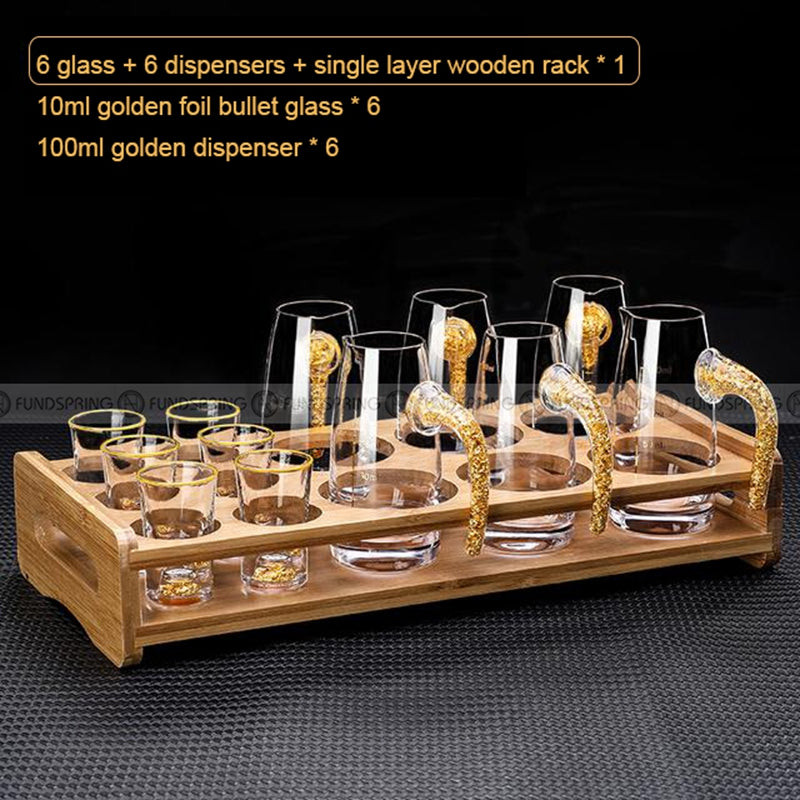 Golden Elegance: Baijiu Glass Spirit Cups Ensemble with Dispenser and Rack Golden Elegance: Baijiu Glass Spirit Cups Ensemble with Dispenser and Rack