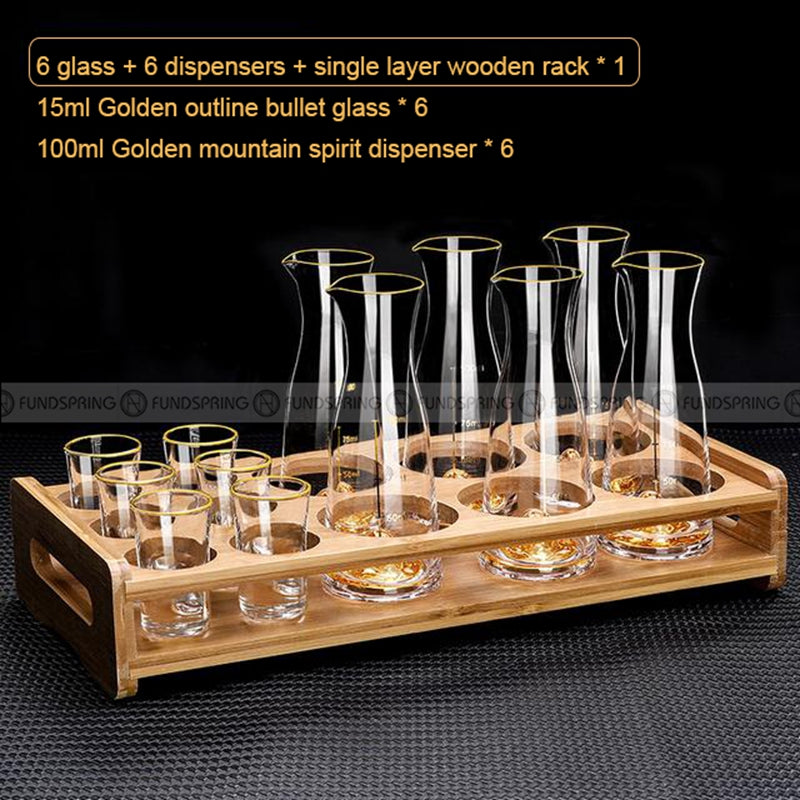 Golden Elegance: Baijiu Glass Spirit Cups Ensemble with Dispenser and Rack Golden Elegance: Baijiu Glass Spirit Cups Ensemble with Dispenser and Rack