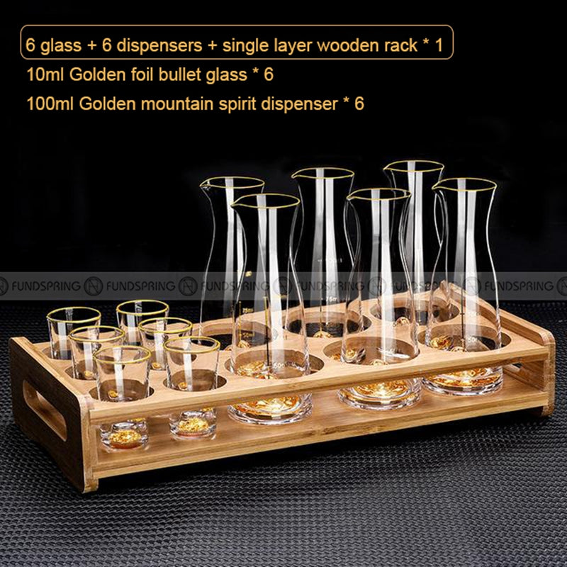 Golden Elegance: Baijiu Glass Spirit Cups Ensemble with Dispenser and Rack Golden Elegance: Baijiu Glass Spirit Cups Ensemble with Dispenser and Rack