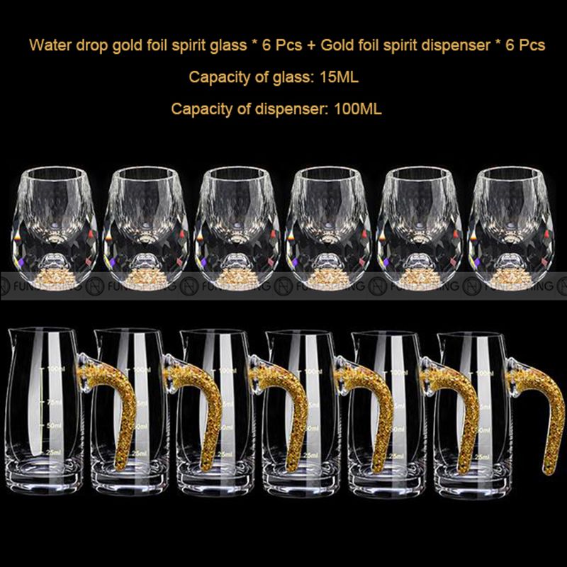 Golden Elegance: Crystal Glass Wine Dispenser Set with Gold Foil Wine Cups Golden Elegance: Crystal Glass Wine Dispenser Set with Gold Foil Wine Cups