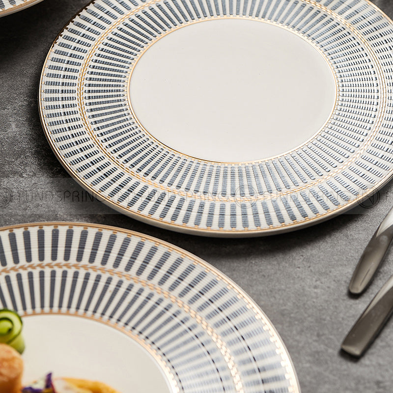 Designer Dinnerware Collection Weiss Series Grey/White with Gold Ring Ceramic Shallow Plate Designer Dinnerware Collection Weiss Series Grey/White with Gold Ring Ceramic Shallow Plate