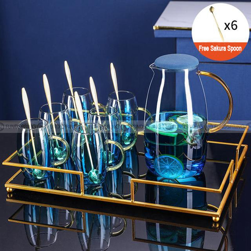 Blue Haze Elegance: Glass Pitcher & Tumbler Set with Stylish Tray Blue Haze Elegance: Glass Pitcher & Tumbler Set with Stylish Tray