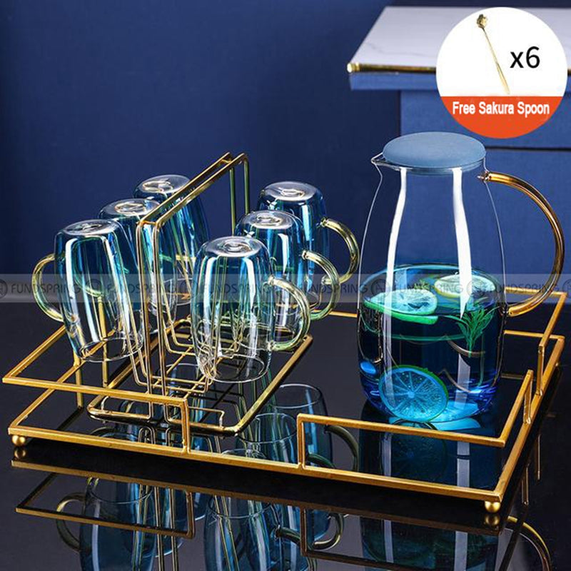 Blue Haze Elegance: Glass Pitcher & Tumbler Set with Stylish Tray Blue Haze Elegance: Glass Pitcher & Tumbler Set with Stylish Tray
