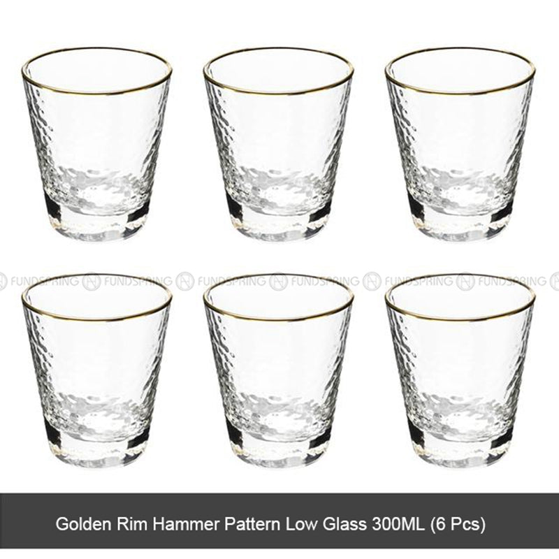 Tumbler Glass Set of 6 Transparent Hammer Golden Rim Water Cup Tumbler Glass Set of 6 Transparent Hammer Golden Rim Water Cup