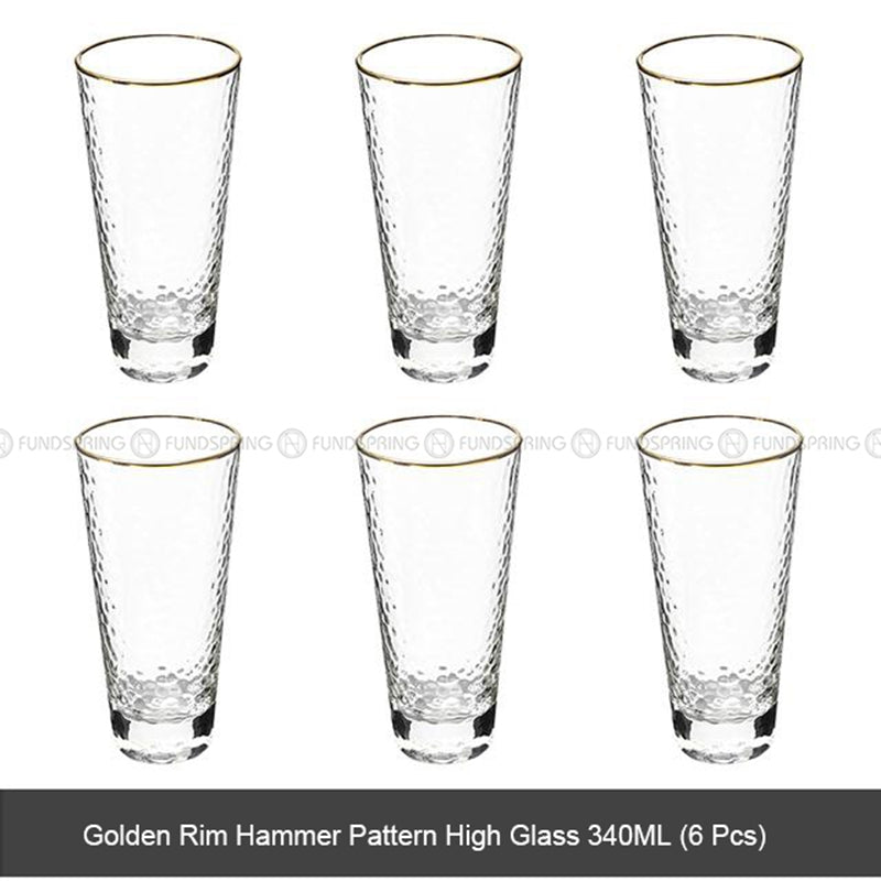 Tumbler Glass Set of 6 Transparent Hammer Golden Rim Water Cup Tumbler Glass Set of 6 Transparent Hammer Golden Rim Water Cup