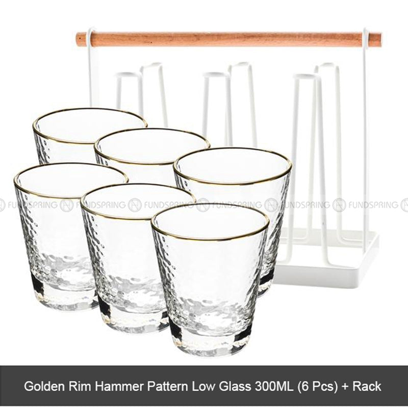 Tumbler Glass Set of 6 Transparent Hammer Golden Rim Water Cup Tumbler Glass Set of 6 Transparent Hammer Golden Rim Water Cup