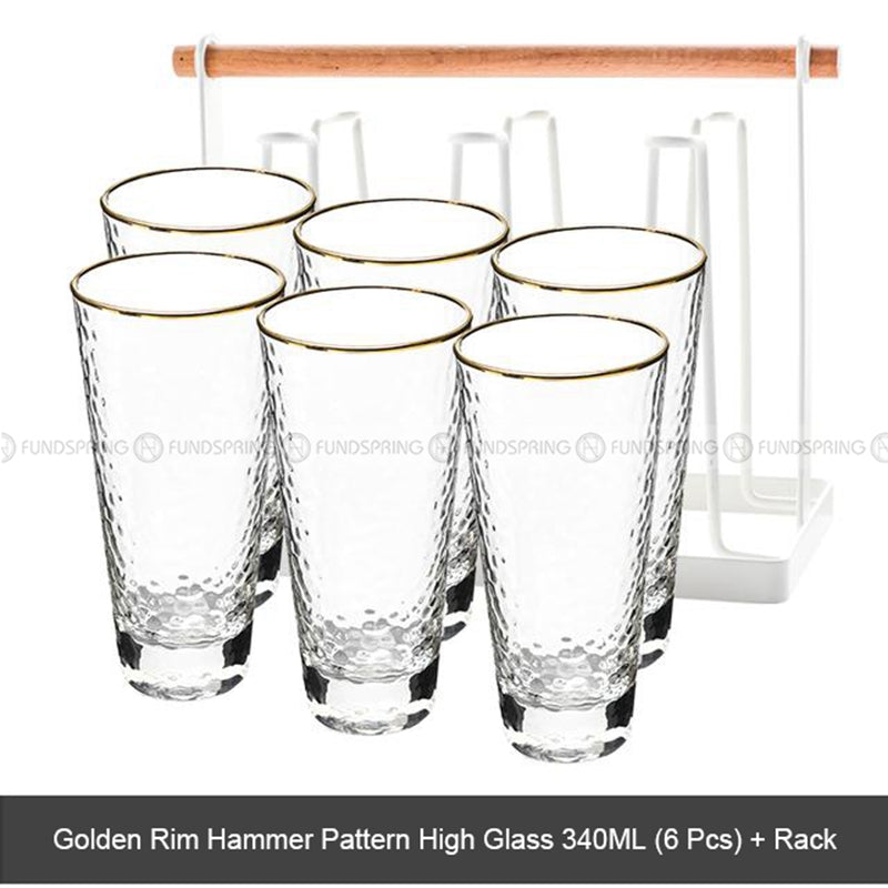 Tumbler Glass Set of 6 Transparent Hammer Golden Rim Water Cup Tumbler Glass Set of 6 Transparent Hammer Golden Rim Water Cup