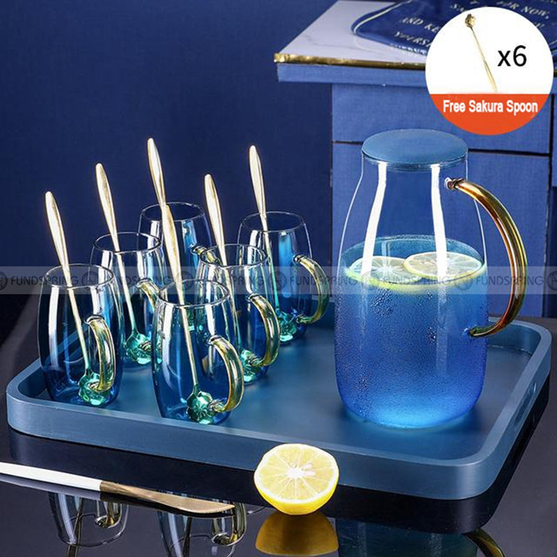 Blue Haze Elegance: Glass Pitcher & Tumbler Set with Stylish Tray Blue Haze Elegance: Glass Pitcher & Tumbler Set with Stylish Tray
