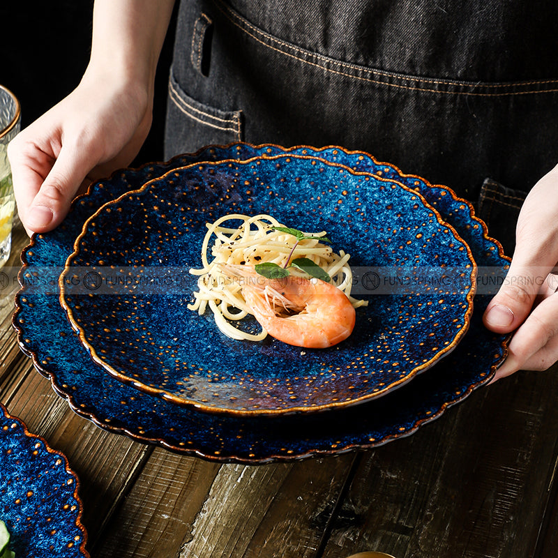 Ceramic Dinner Plate Creative Blue Steak Plate Petal Edge Plate 8" and 10" Set of 2 Ceramic Dinner Plate Creative Blue Steak Plate Petal Edge Plate 8" and 10" Set of 2