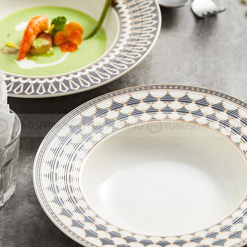 Nordic Straw Hat Disc Weiss Series White/Grey/Silver Ceramic Soup Plate Shallow Bowl 9.75" Nordic Straw Hat Disc Weiss Series White/Grey/Silver Ceramic Soup Plate Shallow Bowl 9.75"