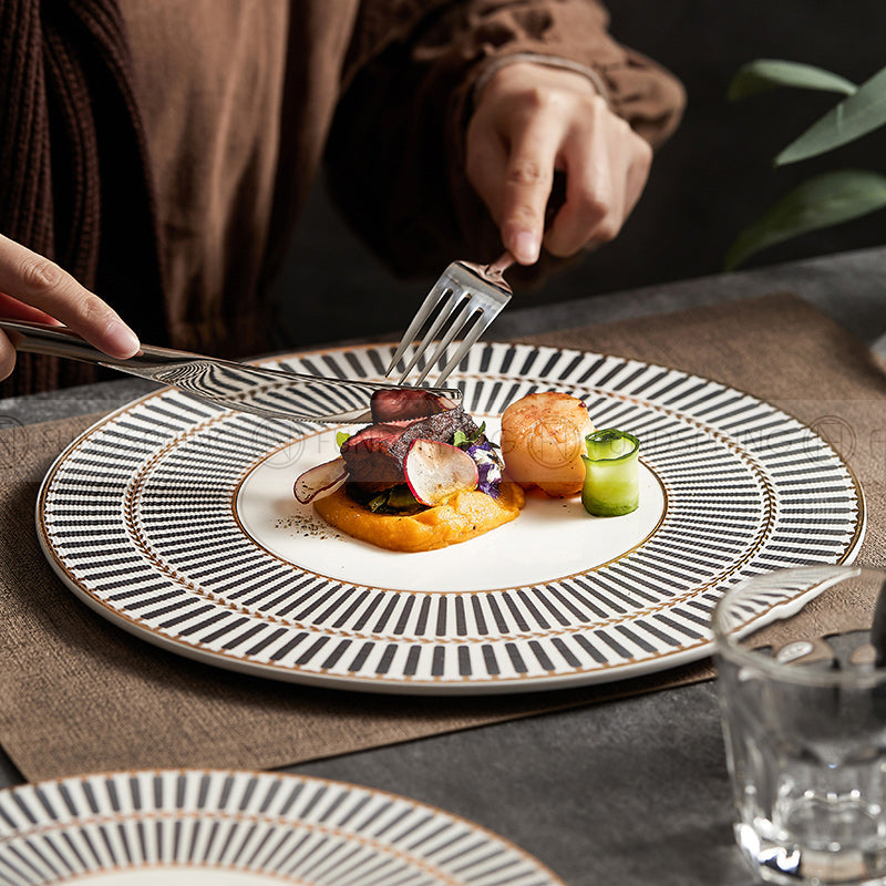 Designer Dinnerware Collection Weiss Series Grey/White with Gold Ring Ceramic Shallow Plate Designer Dinnerware Collection Weiss Series Grey/White with Gold Ring Ceramic Shallow Plate