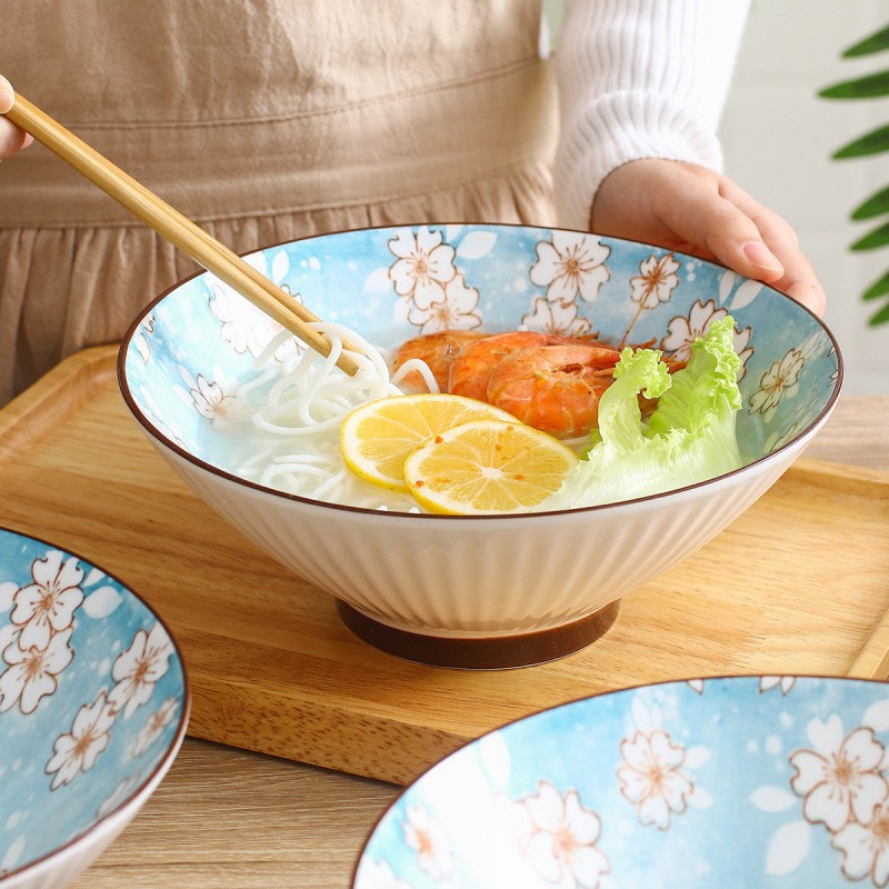 Winter Blossom Harmony: Set of 4 Ceramic Underglaze Bowls, 8 Inches, Snow Sakura Vertical Pattern Winter Blossom Harmony: Set of 4 Ceramic Underglaze Bowls, 8 Inches, Snow Sakura Vertical Pattern
