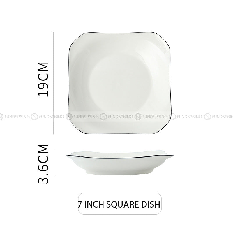 White Ceramic Tableware Irregular Shape Dinnerware Black Rim Plate White Ceramic Tableware Irregular Shape Dinnerware Black Rim Plate