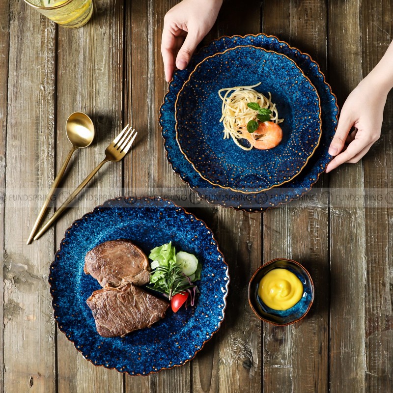 Ceramic Dinner Plate Creative Blue Steak Plate Petal Edge Plate 8" and 10" Set of 2 Ceramic Dinner Plate Creative Blue Steak Plate Petal Edge Plate 8" and 10" Set of 2