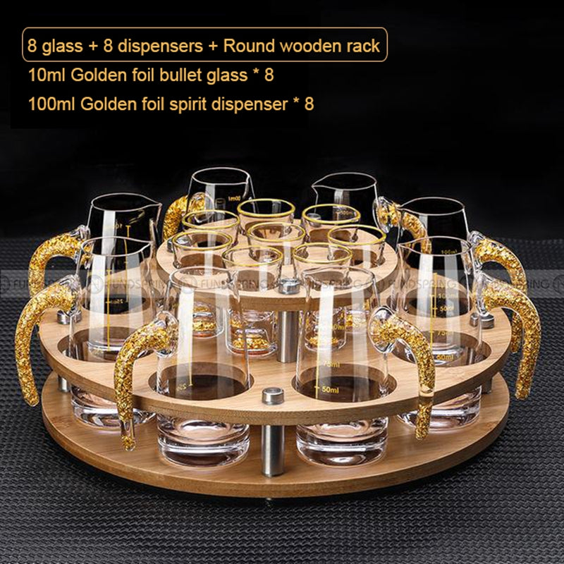 Golden Elegance: Baijiu Glass Spirit Cups Ensemble with Dispenser and Rack Golden Elegance: Baijiu Glass Spirit Cups Ensemble with Dispenser and Rack