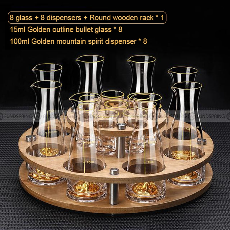 Golden Elegance: Baijiu Glass Spirit Cups Ensemble with Dispenser and Rack Golden Elegance: Baijiu Glass Spirit Cups Ensemble with Dispenser and Rack