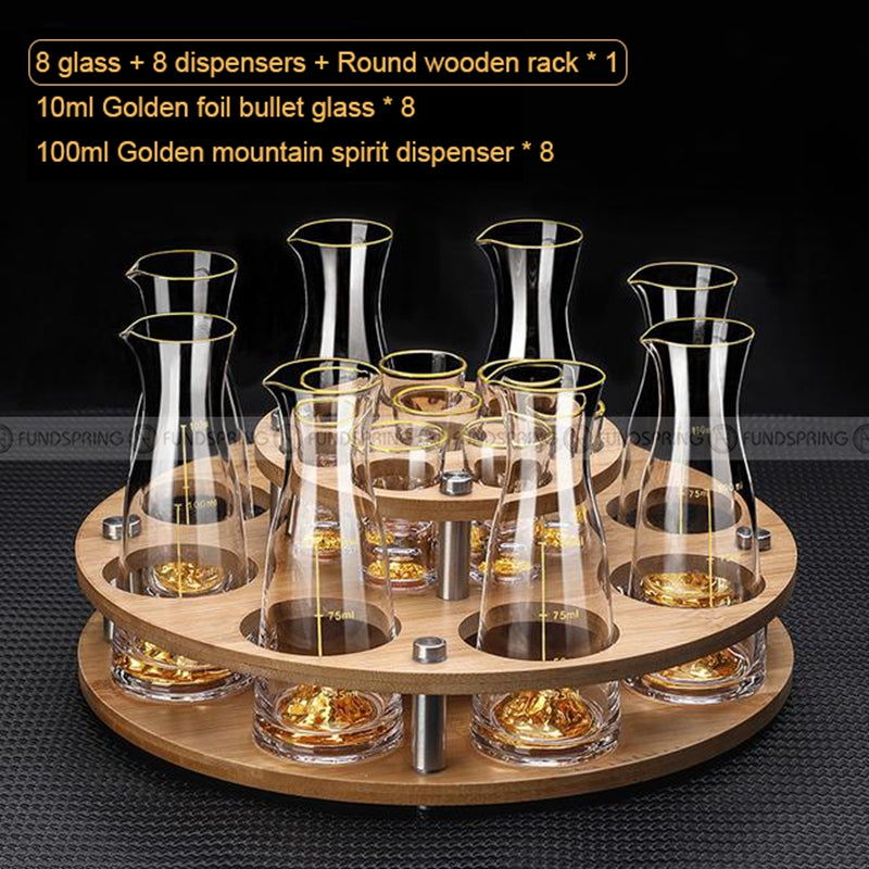 Golden Elegance: Baijiu Glass Spirit Cups Ensemble with Dispenser and Rack Golden Elegance: Baijiu Glass Spirit Cups Ensemble with Dispenser and Rack