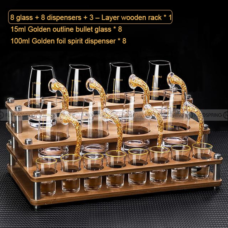 Golden Elegance: Baijiu Glass Spirit Cups Ensemble with Dispenser and Rack Golden Elegance: Baijiu Glass Spirit Cups Ensemble with Dispenser and Rack