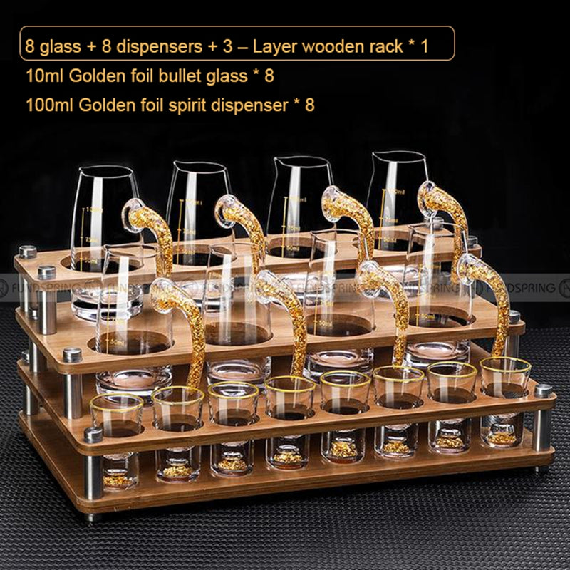 Golden Elegance: Baijiu Glass Spirit Cups Ensemble with Dispenser and Rack Golden Elegance: Baijiu Glass Spirit Cups Ensemble with Dispenser and Rack