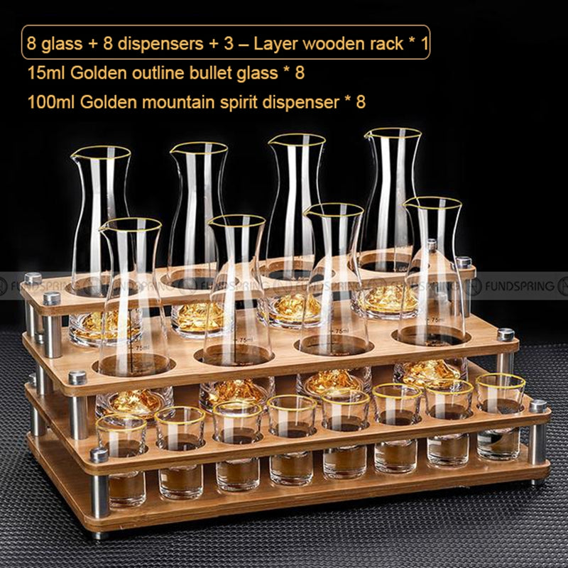 Golden Elegance: Baijiu Glass Spirit Cups Ensemble with Dispenser and Rack Golden Elegance: Baijiu Glass Spirit Cups Ensemble with Dispenser and Rack