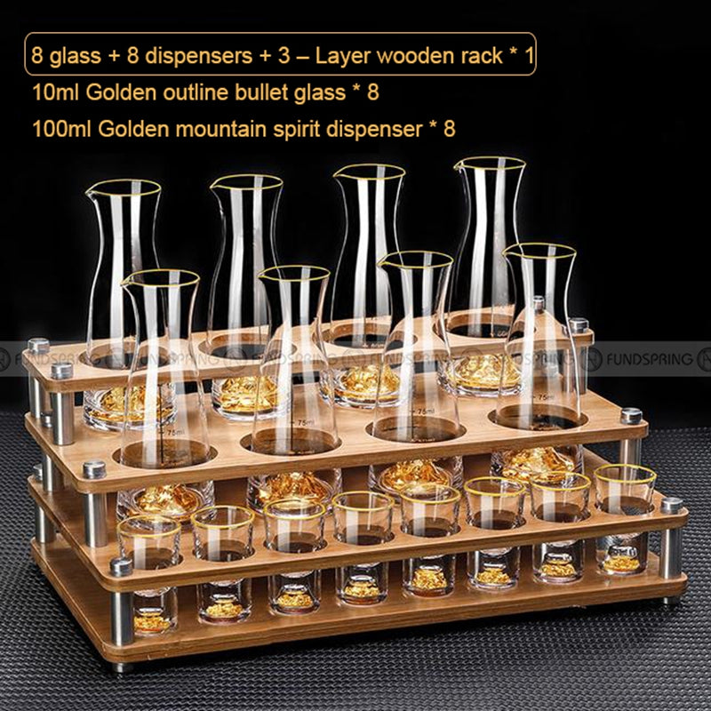 Golden Elegance: Baijiu Glass Spirit Cups Ensemble with Dispenser and Rack Golden Elegance: Baijiu Glass Spirit Cups Ensemble with Dispenser and Rack