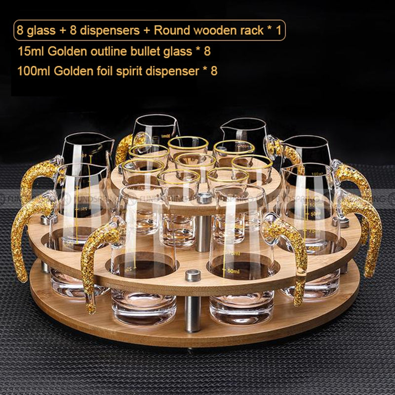 Golden Elegance: Baijiu Glass Spirit Cups Ensemble with Dispenser and Rack Golden Elegance: Baijiu Glass Spirit Cups Ensemble with Dispenser and Rack