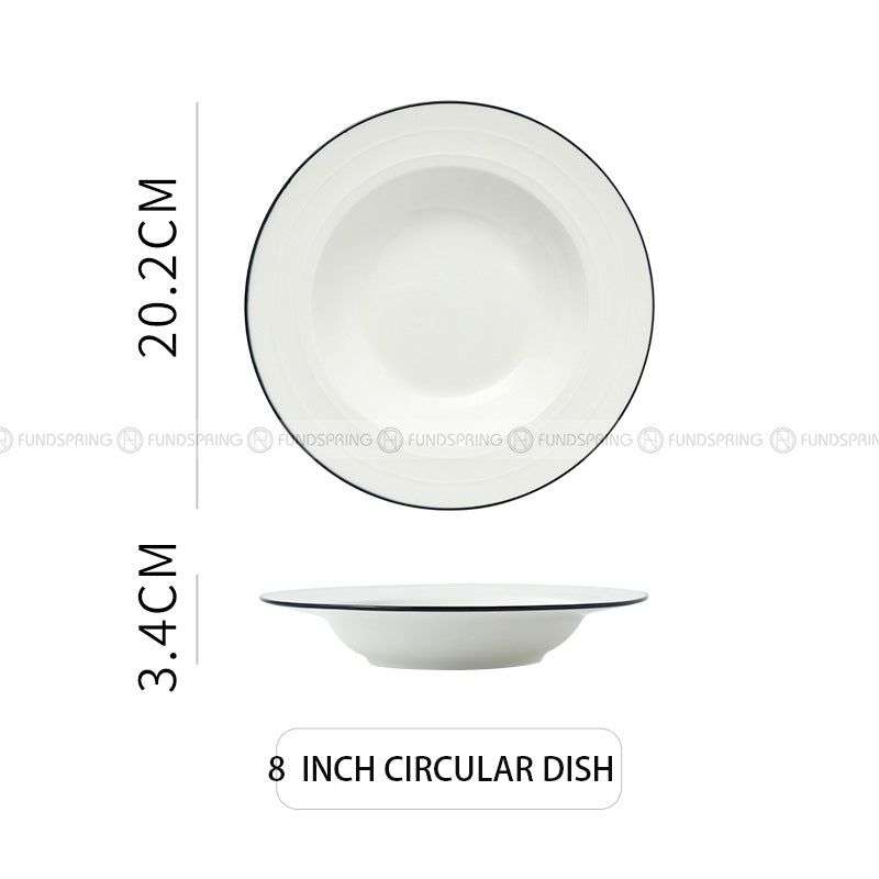 White Ceramic Tableware Irregular Shape Dinnerware Black Rim Plate White Ceramic Tableware Irregular Shape Dinnerware Black Rim Plate