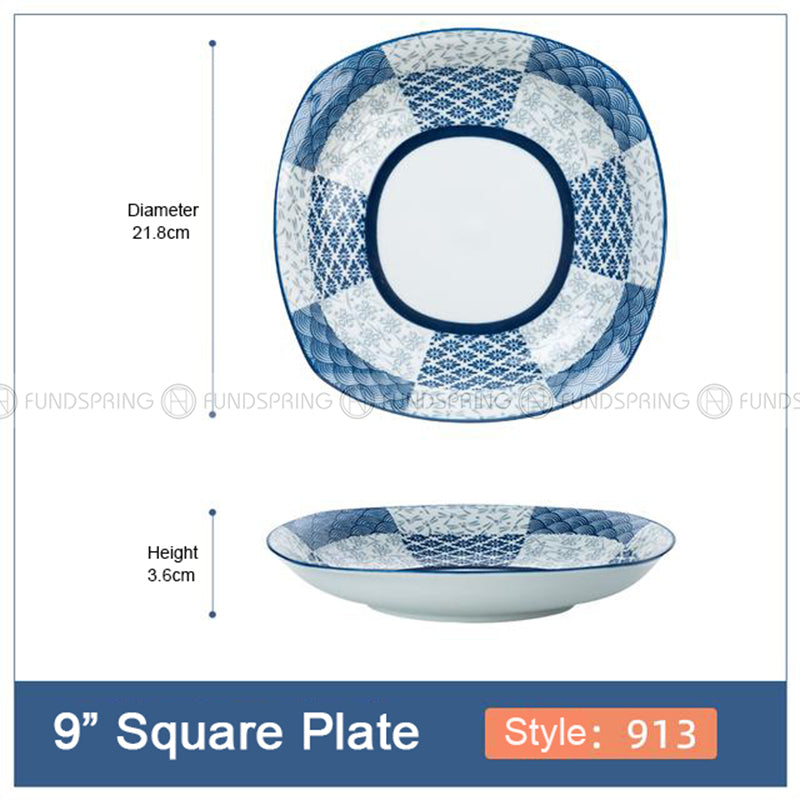 Japanese Blue and White Ceramic Square Dinner Plates 9" Set of 4 Japanese Blue and White Ceramic Square Dinner Plates 9" Set of 4