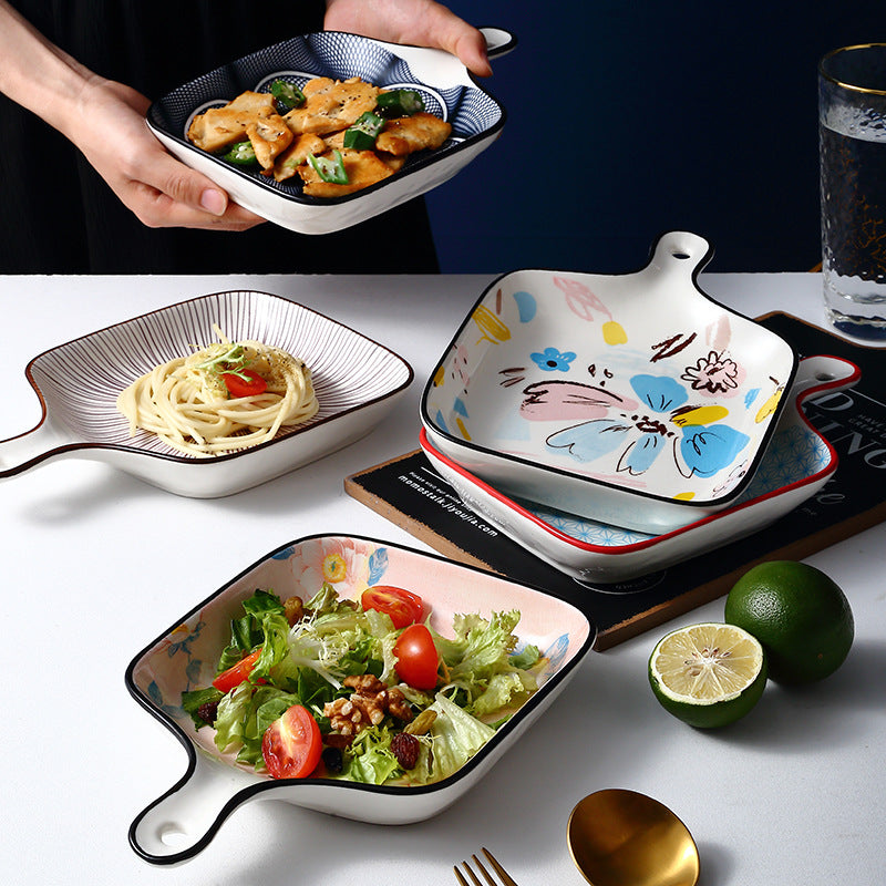 Japanese Style Hand-Painted 9" Deep Baking Plate with Handle – Multicolored Bake Pan Japanese Style Hand-Painted 9" Deep Baking Plate with Handle – Multicolored Bake Pan