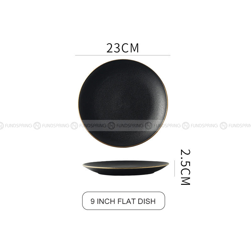 Ceramic Round Plate With Golden Edge Frosted Black Plates Flat Plates Ceramic Round Plate With Golden Edge Frosted Black Plates Flat Plates
