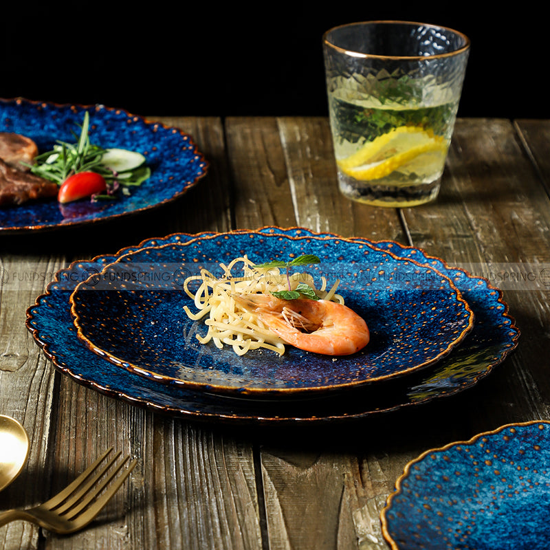 Ceramic Dinner Plate Creative Blue Steak Plate Petal Edge Plate 8" and 10" Set of 2 Ceramic Dinner Plate Creative Blue Steak Plate Petal Edge Plate 8" and 10" Set of 2