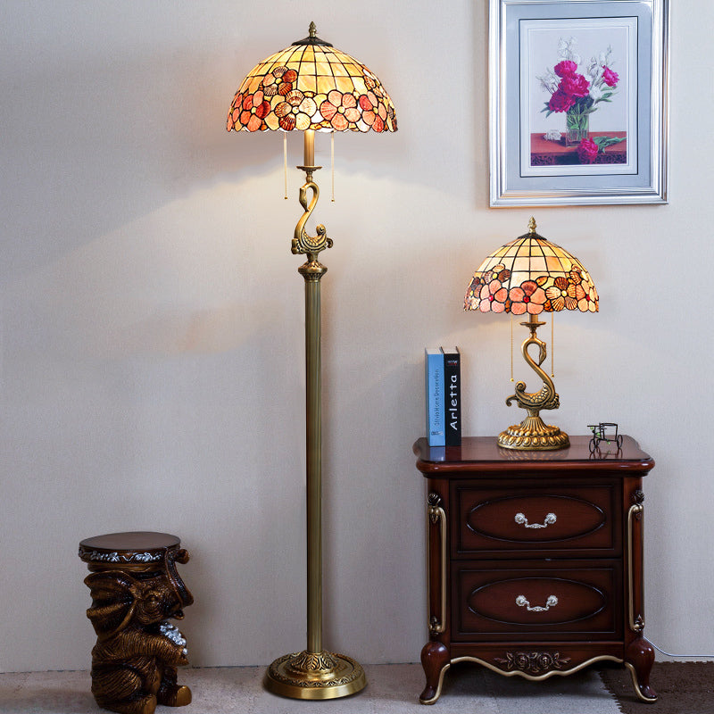 Vintage Flower Decorated Table Lamp and Floor Lamp with Shell Lamp Shade and Solid Swan Holder Vintage Flower Decorated Table Lamp and Floor Lamp with Shell Lamp Shade and Solid Swan Holder