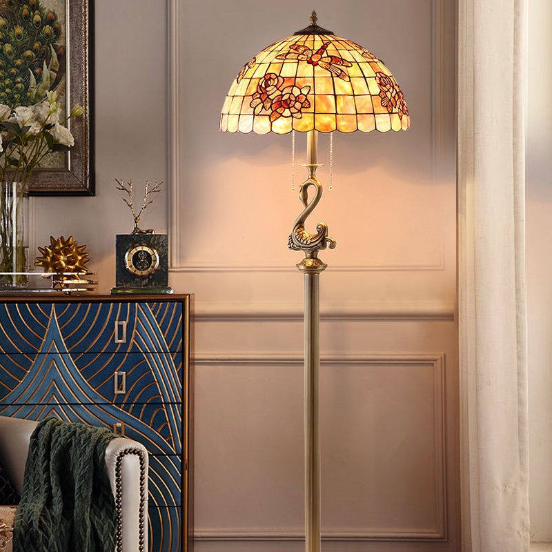 Tiffany Floor Lamp with Shell Lampshade and Solid Brass on Swan or Goddess Lampstand Tiffany Floor Lamp with Shell Lampshade and Solid Brass on Swan or Goddess Lampstand