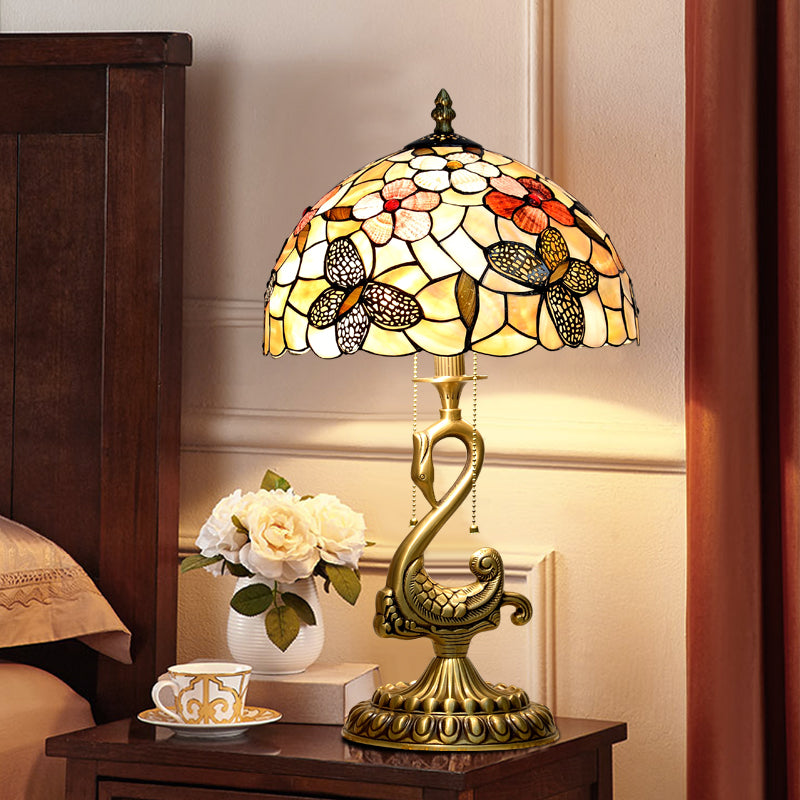 Tiffany Lamp Table Lamp with Shell Lampshade and Brass Swan Lamp Stand