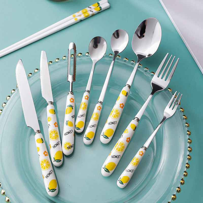 Creative Ceramic Handle Fruit Pattern SS Fork, Knife, Spoon, Chopsticks, Steak Flatware Set Creative Ceramic Handle Fruit Pattern SS Fork, Knife, Spoon, Chopsticks, Steak Flatware Set